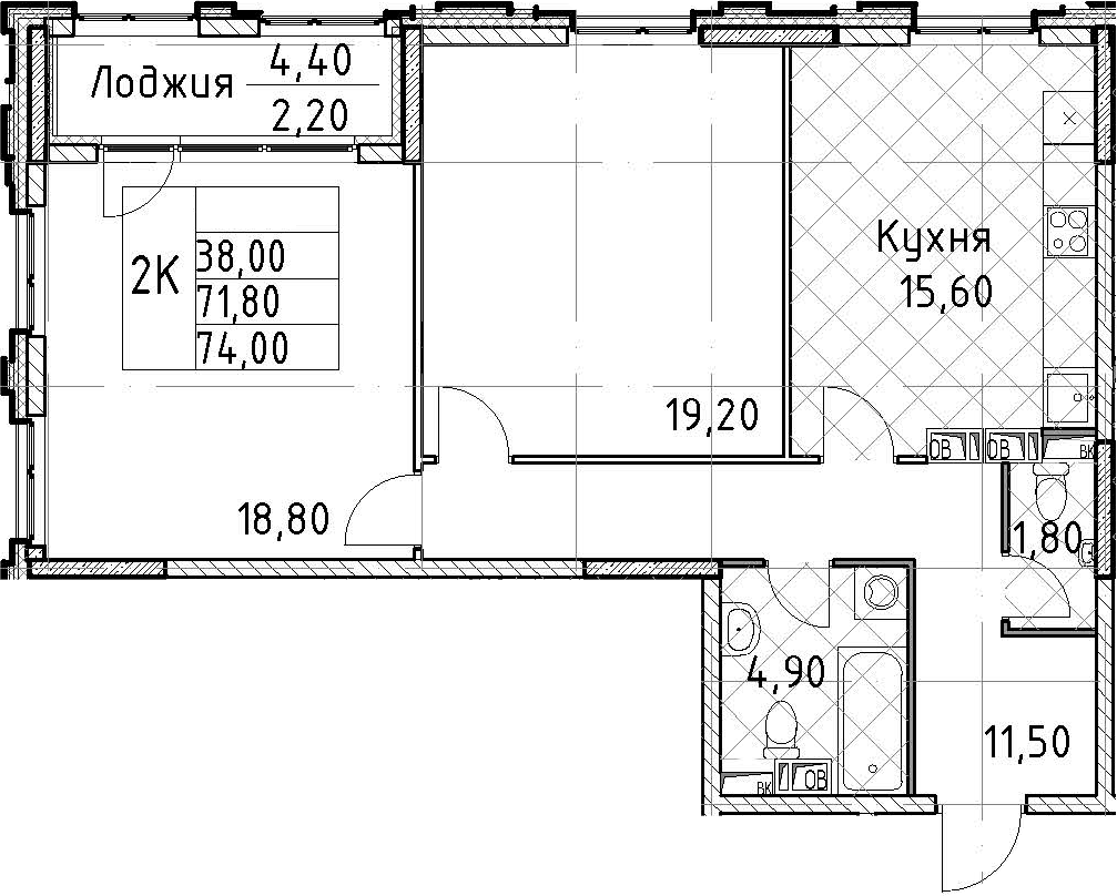 2-комнатная квартира 74 м², 9/13 эт., ЖК «Тайм Сквер»